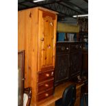 A PINE SINGLE DOOR CABINET, an Edwardian mahogany sideboard, duet footstool and a glazed corner