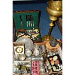 A BOX OF MODERN PEWTER WARE, including goblets, plate and candleholder, together with marble eggs,