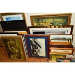 A BOX AND LOOSE PICTURES AND PRINTS ETC, to include a limited print by John Trickett 341/500, a