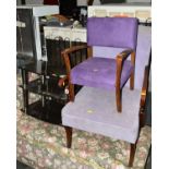 A MAHOGANY UPHOLSTERED ARMCHAIR, a child's chair and a glass three tier TV stand (3)
