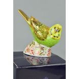 A BOXED ROYAL CROWN DERBY PAPERWEIGHT, 'Spangle Grey Green Budgerigar', one of a limited edition