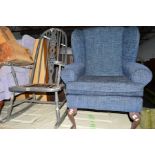 A MODERN BLUE UPHOLSTERED WING BACK ARMCHAIR, together with a painted rocking chair (2)