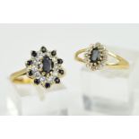 TWO MODERN GEM SET RINGS to include a 9ct gold oval sapphire and diamond cluster ring, ring size