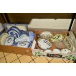 TWO BOXES OF TABLEWARES to include a box of blue and white, Mason's and Portmeirion etc