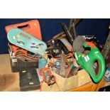 TWO TRAYS OF VARIOUS TOOLS, containing a cased Black & Decker electric jigsaw, Bosch hand held hedge