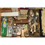 A BOX OF MISCELLANEOUS PLATED CUTLERY, boxed and loose, includes a Victorian silver Fiddle pattern