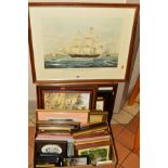 A BOX AND LOOSE PICTURES AND PRINTS ETC, to include a tinted engraving of the sailing ship 'Samuel