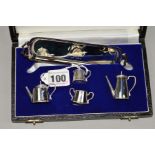 AN ELIZABETH II CASED MINIATURE FOUR PIECE TEA SET WITH TRAY, Birmingham 1978, 2.2ozt, 70 grams