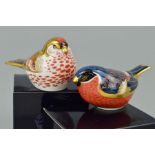TWO BOXED ROYAL CROWN DERBY BIRD PAPERWEIGHTS, 'Redpoll' and 'Bullfinch', both with gold stoppers (
