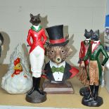 A PAIR OF RESIN FOX FIGURES, dressed as a lady and gentleman, height 37cm (lady missing some