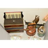 A PANCOTTI CESARE PIANO ACCORDIAN together with a copper kettle, a brass Viking ship and a