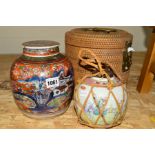 A 19TH CENTURY CHINESE GINGER JAR, lacks cover, another in the Imari palette with old stapled