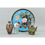 FOUR CLOISONNE ITEMS, to include insense burner and cover, height 11.5cm (black script to base) (