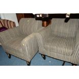A PAIR OF MODERN STRIPPED UPHOLSTERED ARMCHAIRS