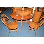 AN ERCOL ASH OVAL TOPPED DROP LEAF TABLE, open width 225cm x depth 113cm x height 71cm and four