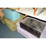 TWO PAINTED WOODEN TOOL CRATES, together with four wooden fruit crates (6)