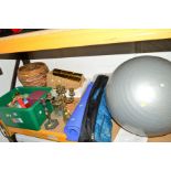 A QUANTITY OF SUNDRIES to include a collection of wicker baskets, a gym exercise ball, exercise