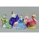 FIVE ROYAL DOULTON FIGURES, 'Ascot' HN2356, 'Autumn' HN2087 (restored on broom handle), 'Victoria'