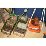 TWO SLIM VINTAGE WEBB PUSH ALONG CYLINDER LAWN MOWER, with grassbox and a petrol flymo hover lawn