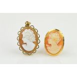 TWO CAMEO PIECES OF JEWELLERY BOTH DEPICTING A MAIDEN IN PROFILE, an oval brooch measuring 22mm x
