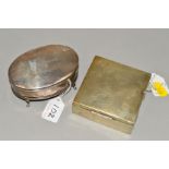 A GEORGE V OVAL DRESSING TABLE BOX, engraved dates to hinged cover, on four cabriole legs,