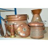 A GROUP OF COPPER ITEMS, to include large cauldron, height 36.5cm x diameter 43cm, two circular