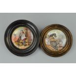TWO STAFFORDSHIRE PRATTWARE POT LIDS, 'The Times' and 'War', both in wooden mounts (2)