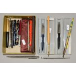 A BOX OF ASSORTED PENS, including 20th Century wooden dippers, fountain pens including Mabie Todd