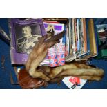 A BOX OF ROYAL MEMORABILIA, fur stole and a shoulder bag