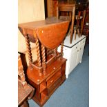 A CHERRYWOOD TV CABINET, an oak barley twist drop leaf table, an oak fold over card table,