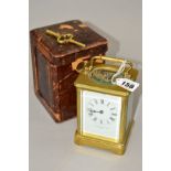 AN EARLY 20TH CENTURY BRASS CARRIAGE CLOCK, enamel dial with Roman numerals, names 'Jackman & Son,