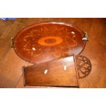 A SHERATON REVIVAL MAHOGANY AND FOLIATE INLAID OVAL TRAY with wavy galley and twin brass handles