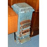 A VICTORIAN BLUE ENAMEL STOVE, 33cm squared x height 81cm