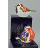 TWO BOXED ROYAL CROWN DERBY BIRD PAPERWEIGHTS, 'House Sparrow' and 'Robin', both with gold stoppers