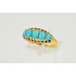 AN 18CT GOLD EDWARDIAN TURQUOISE RING, designed as five graduated turquoise cabochons within