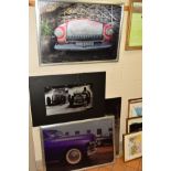 FOUR PHOTOGRAPHIC PRINTS FEATURING AMERICAN CARS AND HOT RODS, dye sublimation printed onto