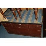 AN EARLY 20TH CENTURY STAINED PINE AND METAL BANDED TOOL CHEST (sd)