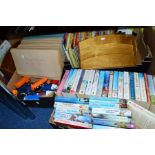 THREE BOXES AND LOOSE BOOKS, SUNDRIES ETC, to include toy cars, 'Mind Alive' magazines etc