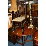 A 20TH CENTRUY OAK BARLEY TWIST DROP LEAF TABLE, two chairs and an oak standard lamp (4)