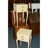 A PAIR OF CREAM AND GILT TWO DRAWER BEDSIDE CHESTS, (s.d.)