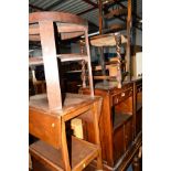 A PAIR OF OAK BEDSIDE CABINETS with single drawers, an Edwardian mahogany stool, an oak tea trolley,