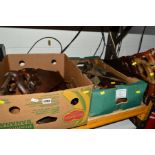 TWO TRAYS OF VINTAGE CARPENTRY TOOLS, comprising of a quantity of saws, smoothing and moulding