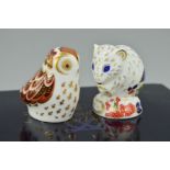 TWO ROYAL CROWN DERBY COLLECTORS GUILD PAPERWEIGHTS, 'Derby Dormouse' (boxed) and 'Owlet', both with