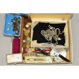 A SMALL BOX OF COINS, PENS AND COSTUME JEWELLERY to include paste necklaces, bracelet and