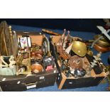 TWO BOXES AND LOOSE OF METALWARES ETC, to include pair hames, two warming pans, horse brasses,