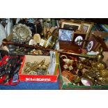 FIVE BOXES/TRAYS OF BRASS/COPPER WARES, PICTURES, CUTLERY ETC, to include clocks, writing slope (