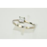 A 9CT WHITE GOLD DIAMOND SOLITAIRE RING, the princess cut diamond within a four claw setting,