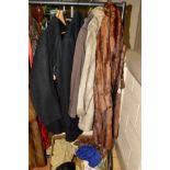 VARIOUS COATS, JACKETS, HANDBAGS, BELT ETC, to include long Musquash fur coat and a mink stole