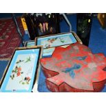 THREE BOXED FRAMED CHINESE BIRD AND FOLIAGE, PICTURES, 43.5cm x 24.5cm, two small folding oriental