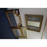 A 19TH CENTURY FOLIATE GILT WOOD WALL MIRROR/PICTURE, three pine mirrors and two other wall